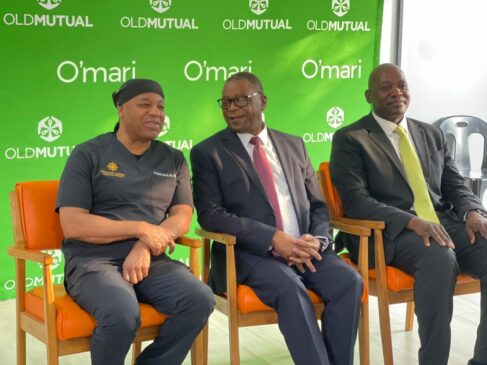 Minister of Health Dr. Douglas Mombeshora shares a light moment with Dr. Ron Mhizha of the Eye Institute and Chrispen Dzingirai of Old Mutual Zimbabwe during the launch of free cataract eye clinics.